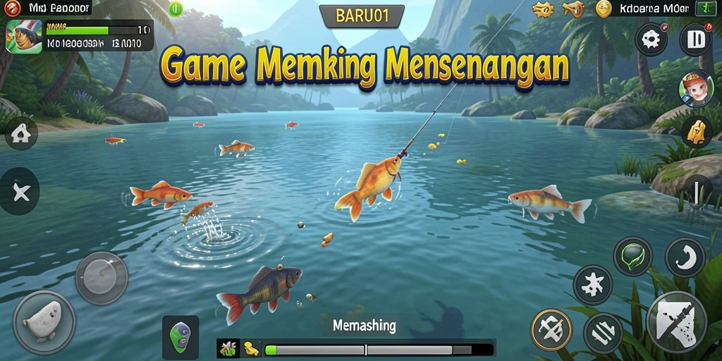 Tampilan antarmuka game memancing yang intuitif dan menarik.