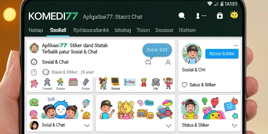 Antarmuka menarik aplikasi KOMEDI77 dengan berbagai pilihan stiker.